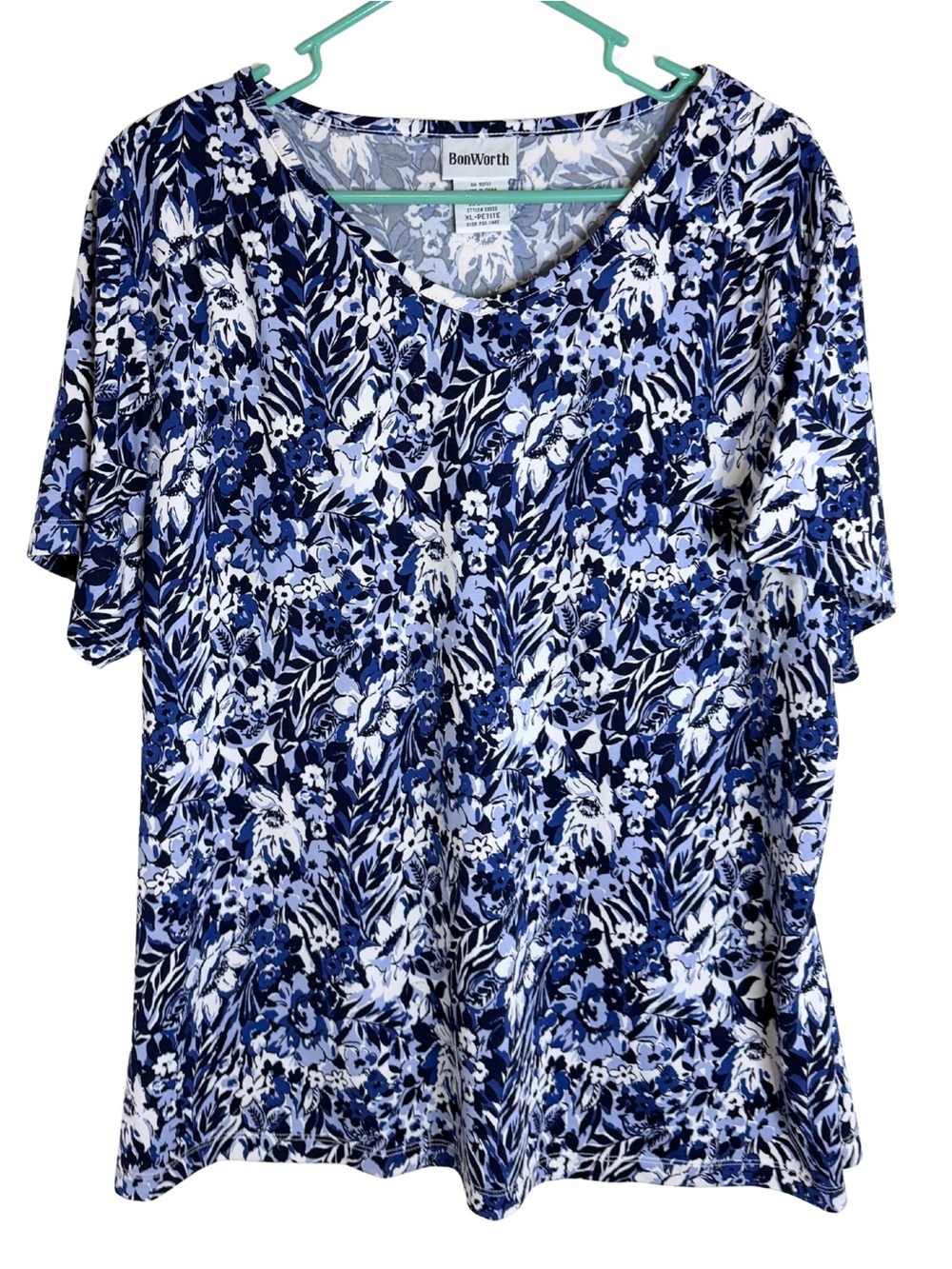 BonWorth Blue & White Floral V-Neck Short Sleeve Shirt Size XL Petite
